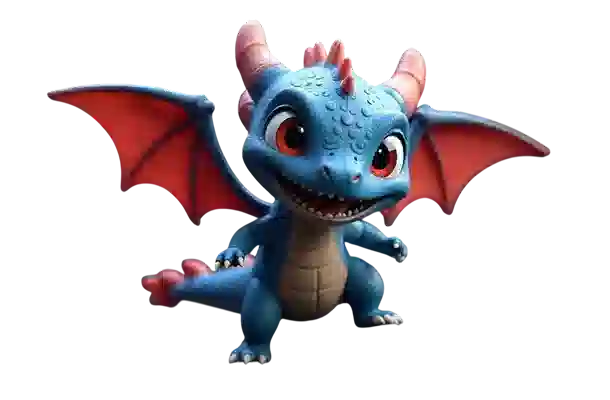 Cute blue dragon with red wings flying over a lake